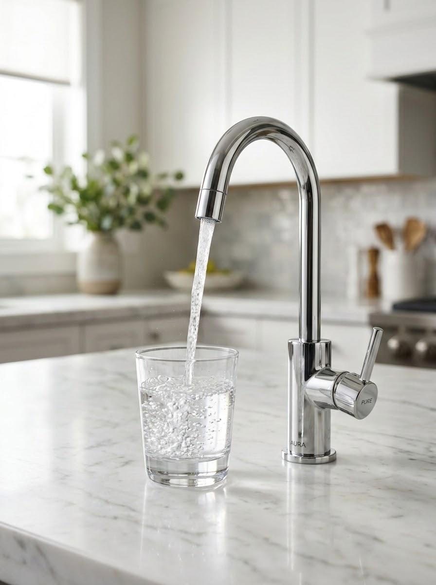 Clean water pouring from a kitchen faucet into a glass