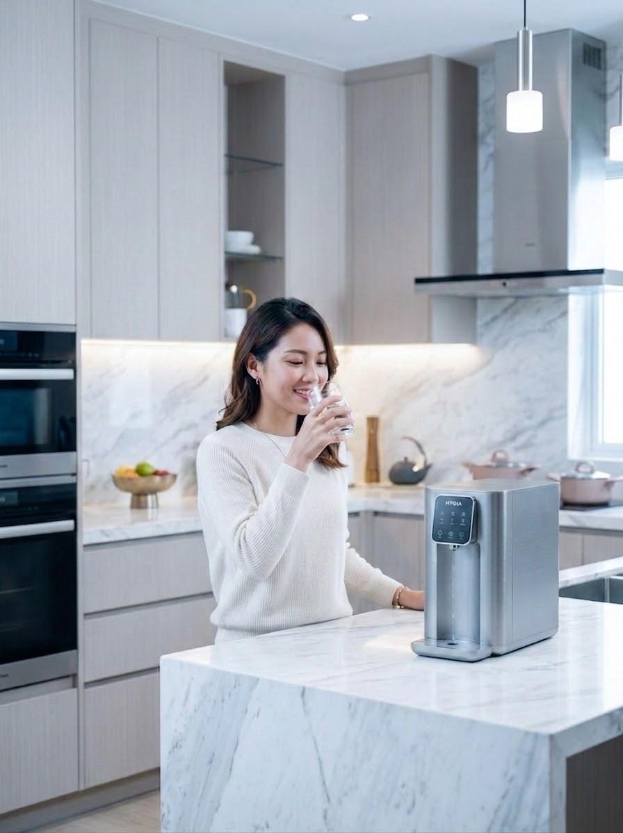 Woman drinking purified water from a Hygia purifier in a modern kitchen