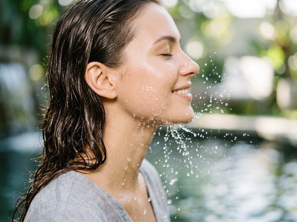 Woman splashing clean water on her face